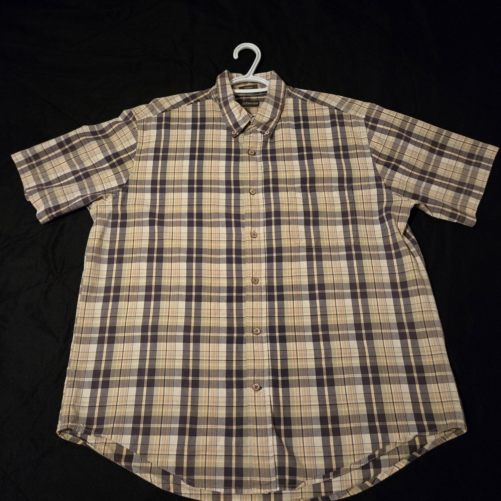 St. John's Bay Shirt Mens Large Beige Madras Plaid Cotton Short Sleeve Button Up